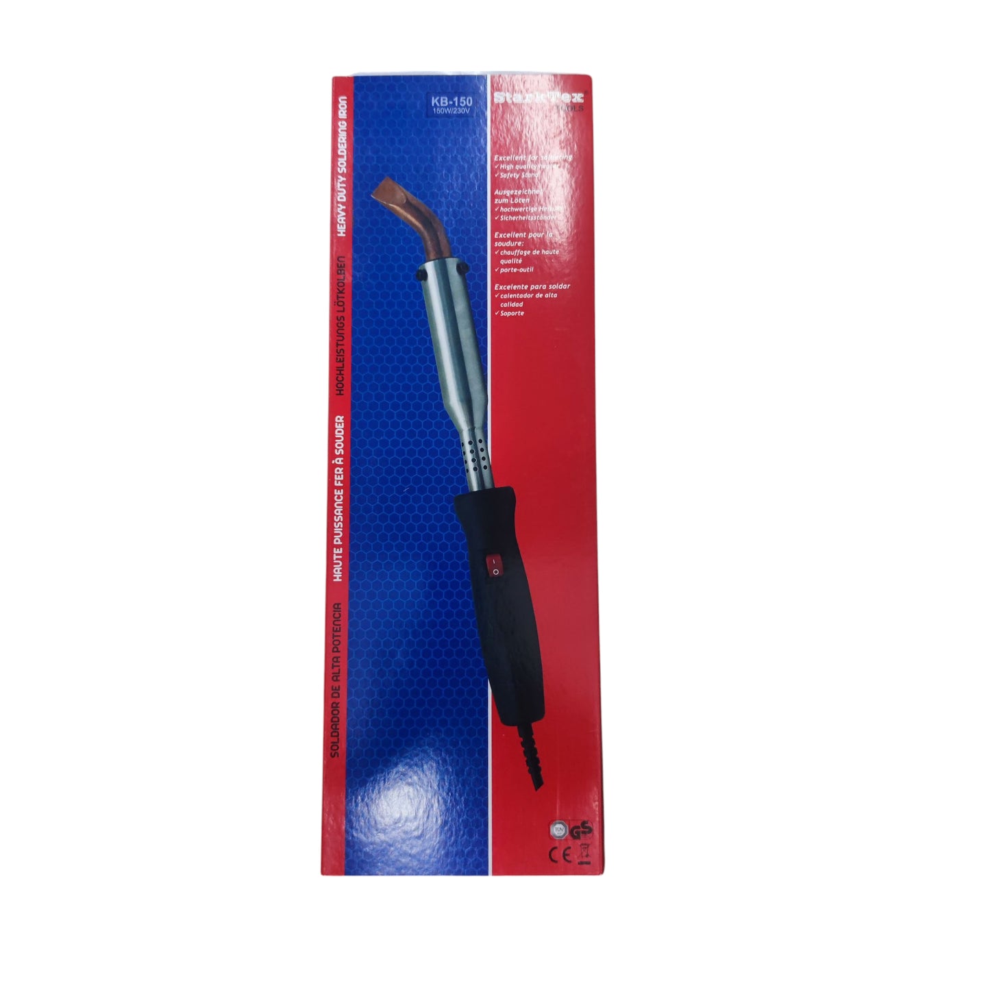 Starktex 150W Soldering Iron 220V with ergonomic black handle and curved metal tip in packaging