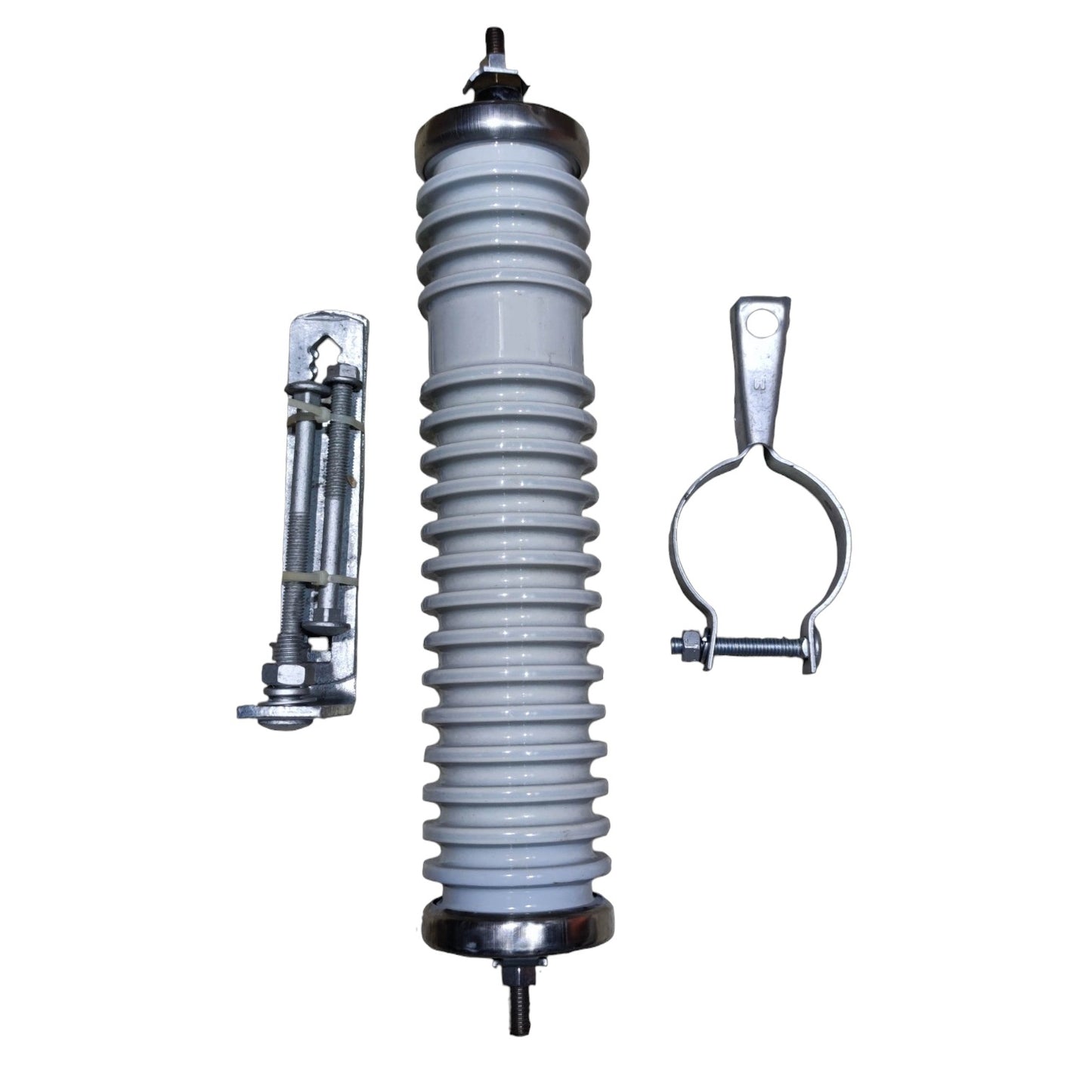An industrial high-voltage insulator assembly shown on a plain white background, featuring a central gray ribbed ceramic or porcelain column with silver metal top and bottom fittings, alongside two smaller silver hardware components.