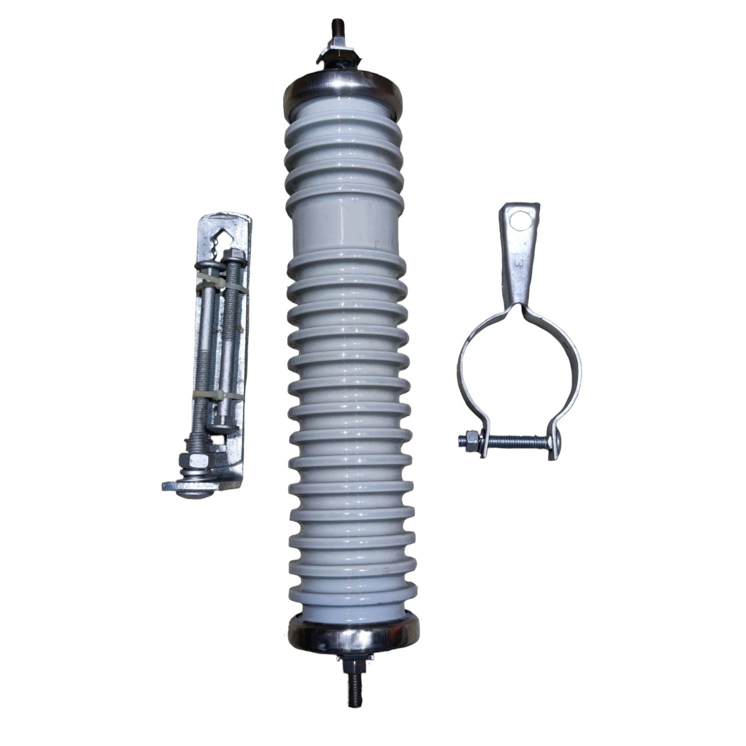 An industrial high-voltage insulator assembly shown on a plain white background, featuring a central gray ribbed ceramic or porcelain column with silver metal top and bottom fittings, alongside two smaller silver hardware components.