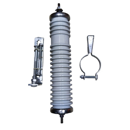 An industrial high-voltage insulator assembly shown on a plain white background, featuring a central gray ribbed ceramic or porcelain column with silver metal top and bottom fittings, alongside two smaller silver hardware components.