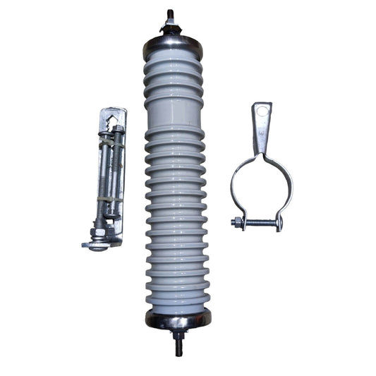 An industrial high-voltage insulator assembly shown on a plain white background, featuring a central gray ribbed ceramic or porcelain column with silver metal top and bottom fittings, alongside two smaller silver hardware components.