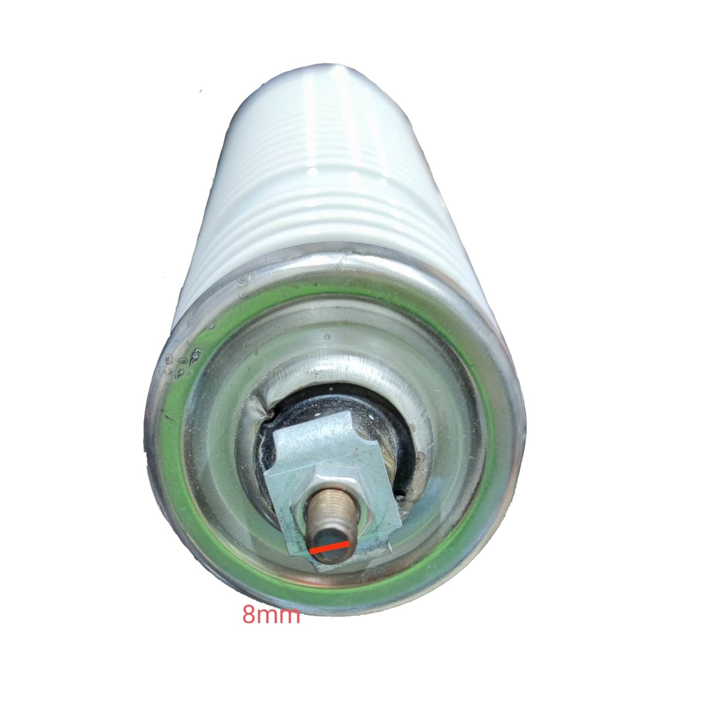 A cylindrical metal fuel or oil filter with a white ribbed outer body, a silver metal core, and a small red ring near the center, shown on a plain white background with an '8mm' label.