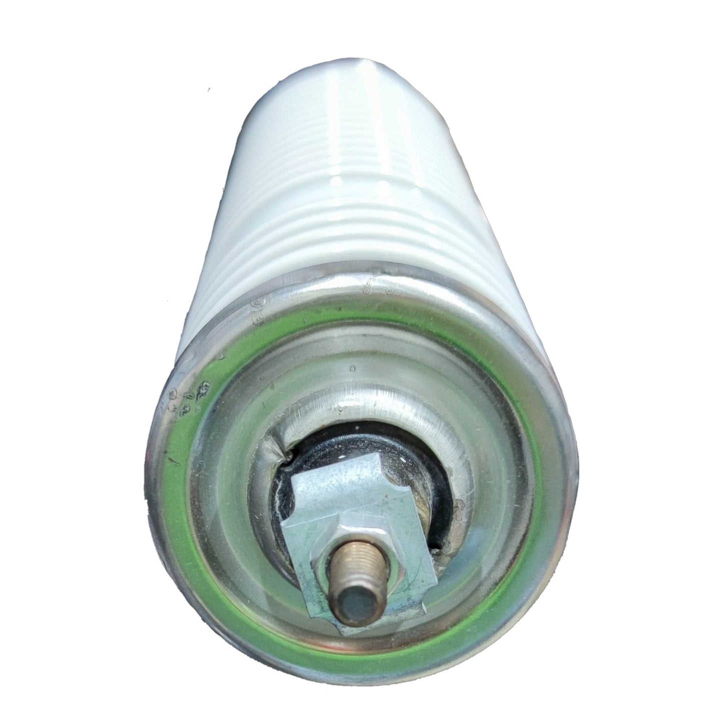 A cylindrical automotive or industrial filter cartridge, showing the end with a ribbed white plastic body, a metallic silver collar, and a central metal fitting on a plain white background.
