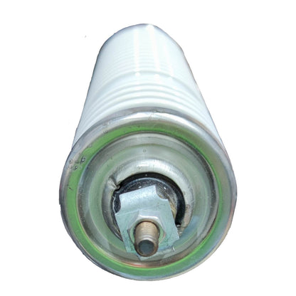 A cylindrical automotive or industrial filter cartridge, showing the end with a ribbed white plastic body, a metallic silver collar, and a central metal fitting on a plain white background.