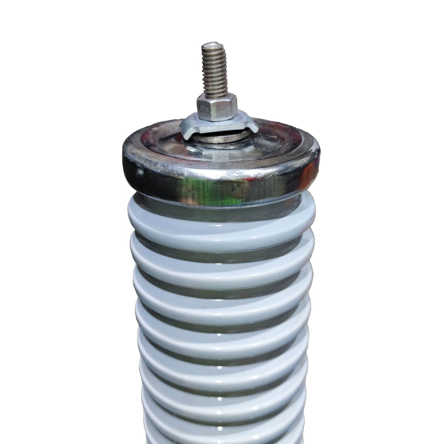 A close-up of a white ceramic high-voltage insulator with a metal terminal and threaded bolt on top, isolated on a white background.