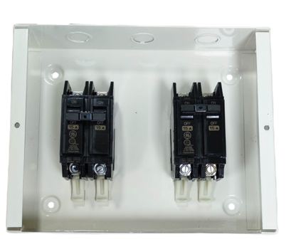 15A DPDT manual transfer switch electrical circuitry and parts by GE and Koten in white enclosure
