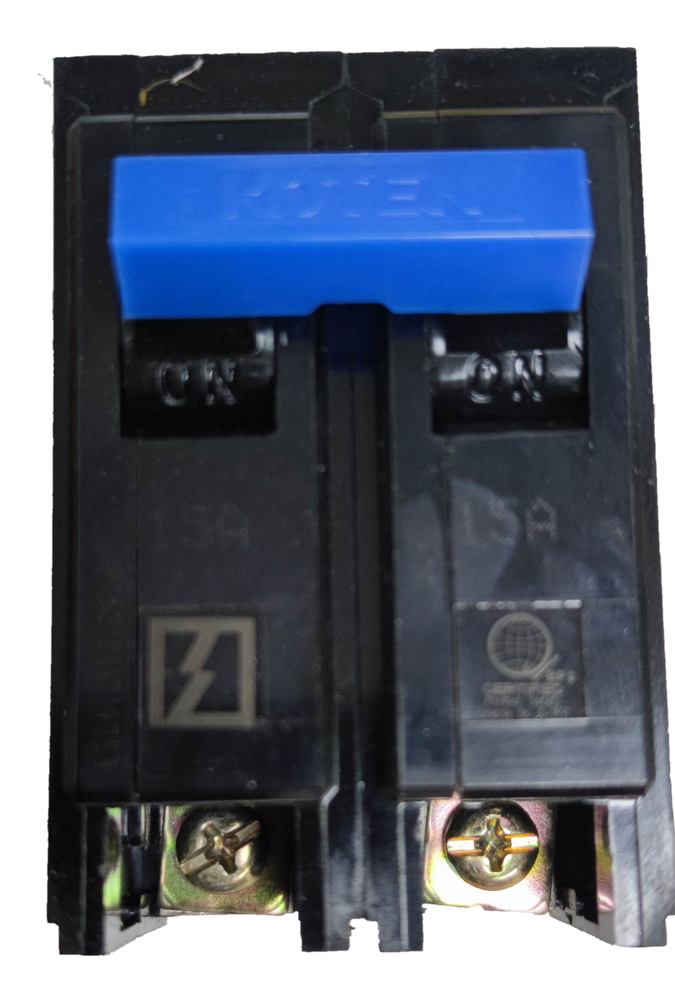 Electx Electrical Supply 15A plug-in circuit breaker 2 pole with blue toggle switch and black casing