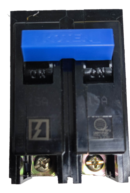 Electx Electrical Supply 15A plug-in circuit breaker 2 pole with blue toggle switch and black casing