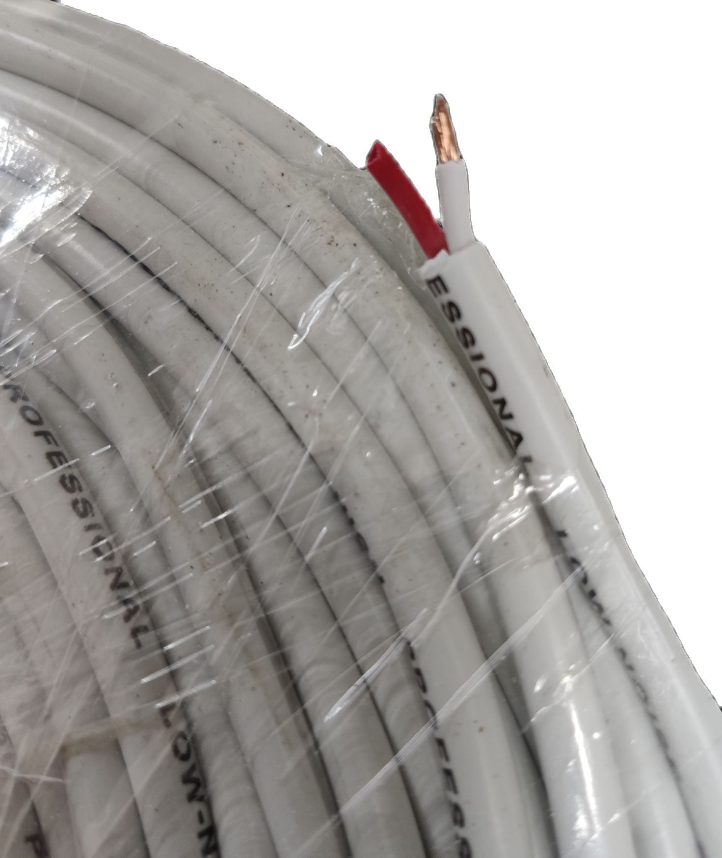 Grippes 16 AWG speaker wire 75 meters white coil with exposed copper ends wrapped in plastic