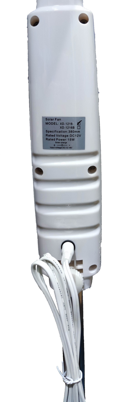 Back view of 16 inch 12V DC stand fan motor housing with power cord attached