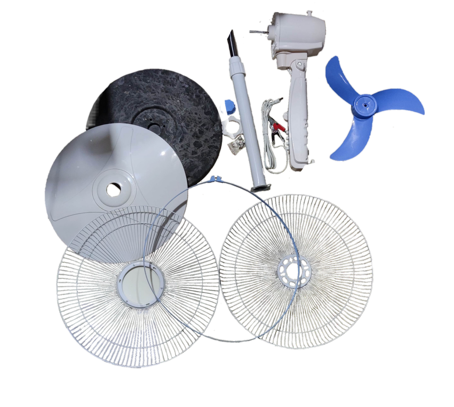Disassembled 16 inch 12V DC stand fan parts including blades, motor, and protective grills from China