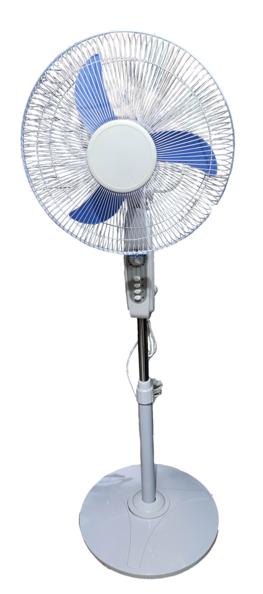 16 inch 12V DC stand fan with blue blades and white protective grill on adjustable pole