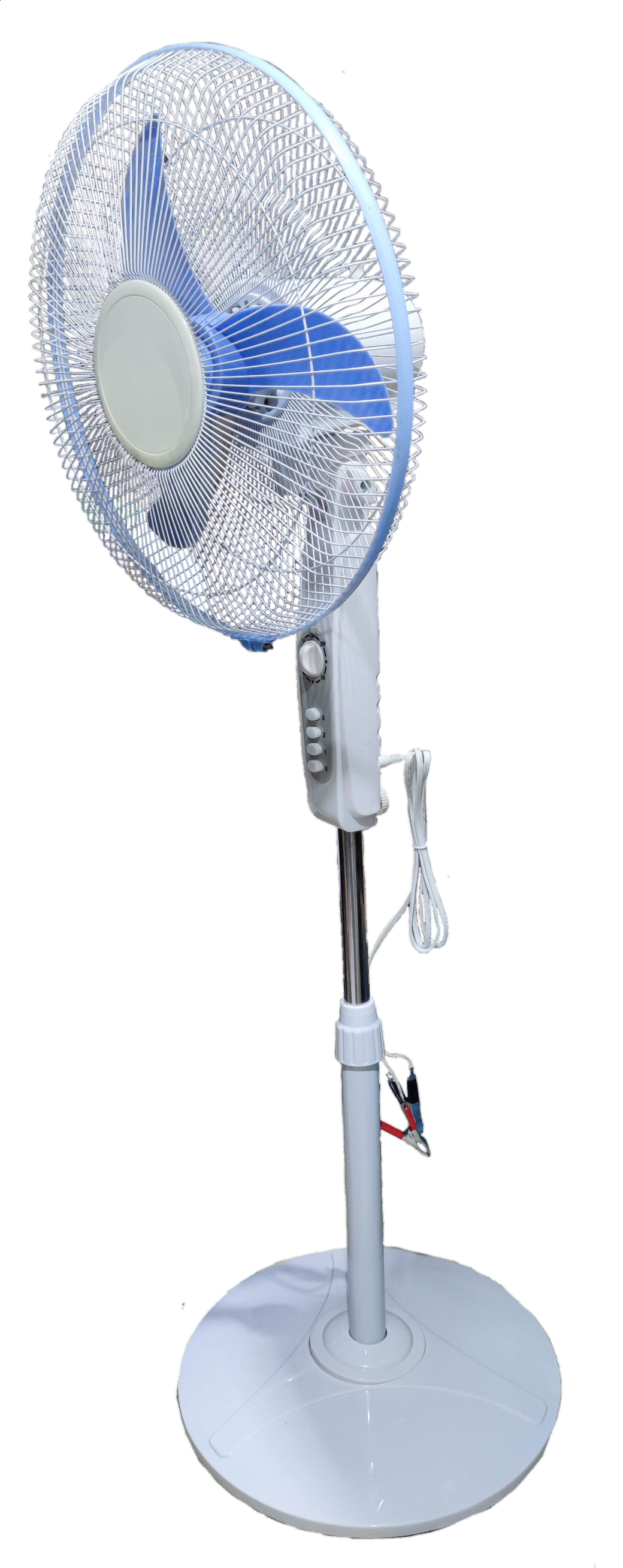 16 inch 12V DC stand fan with blue blades and white base from China for efficient cooling