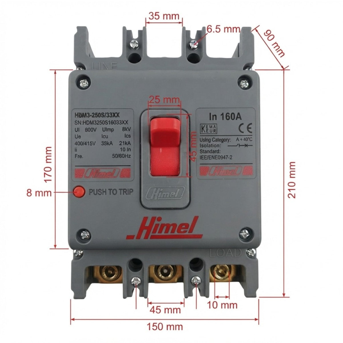 A gray Himpel electrical contactor with a red switch and red printed branding, shown with red dimension lines and measurements on a white background.