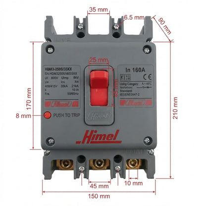 A gray Himpel electrical contactor with a red switch and red printed branding, shown with red dimension lines and measurements on a white background.