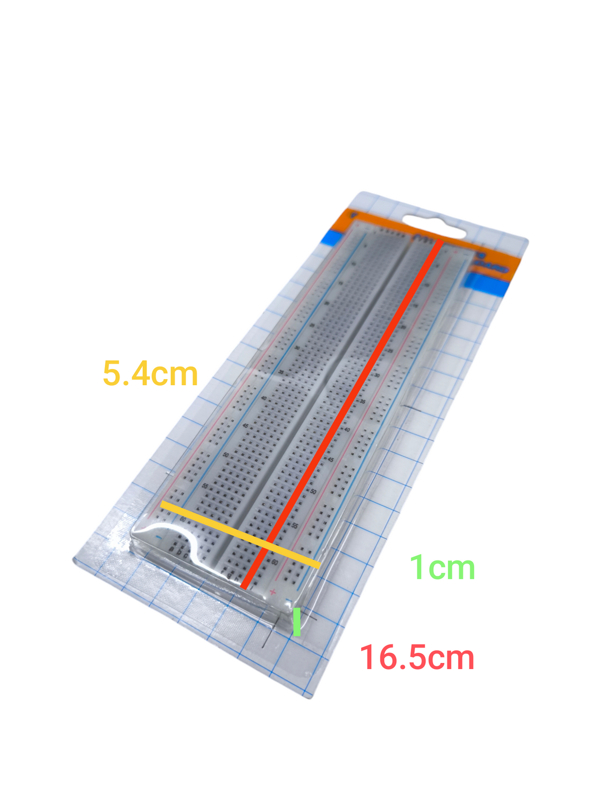 165mm x 54mm electronic bread board in clear packaging for electrical circuitry and parts