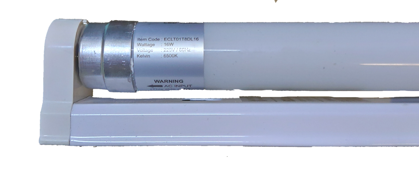 Ecolum 16W LED tube and fixture set showcasing sleek design and detailed specifications