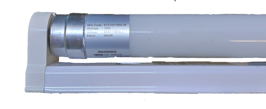 Ecolum 16W LED tube and fixture set showcasing sleek design and detailed specifications