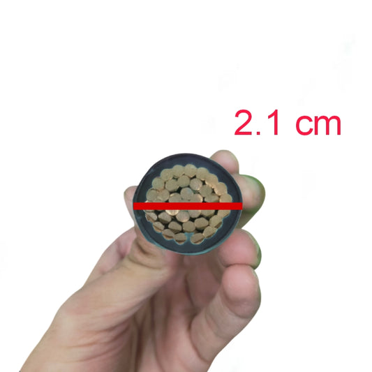 Cross-section of a cable held by a hand with a measurement label indicating 2.1 cm.