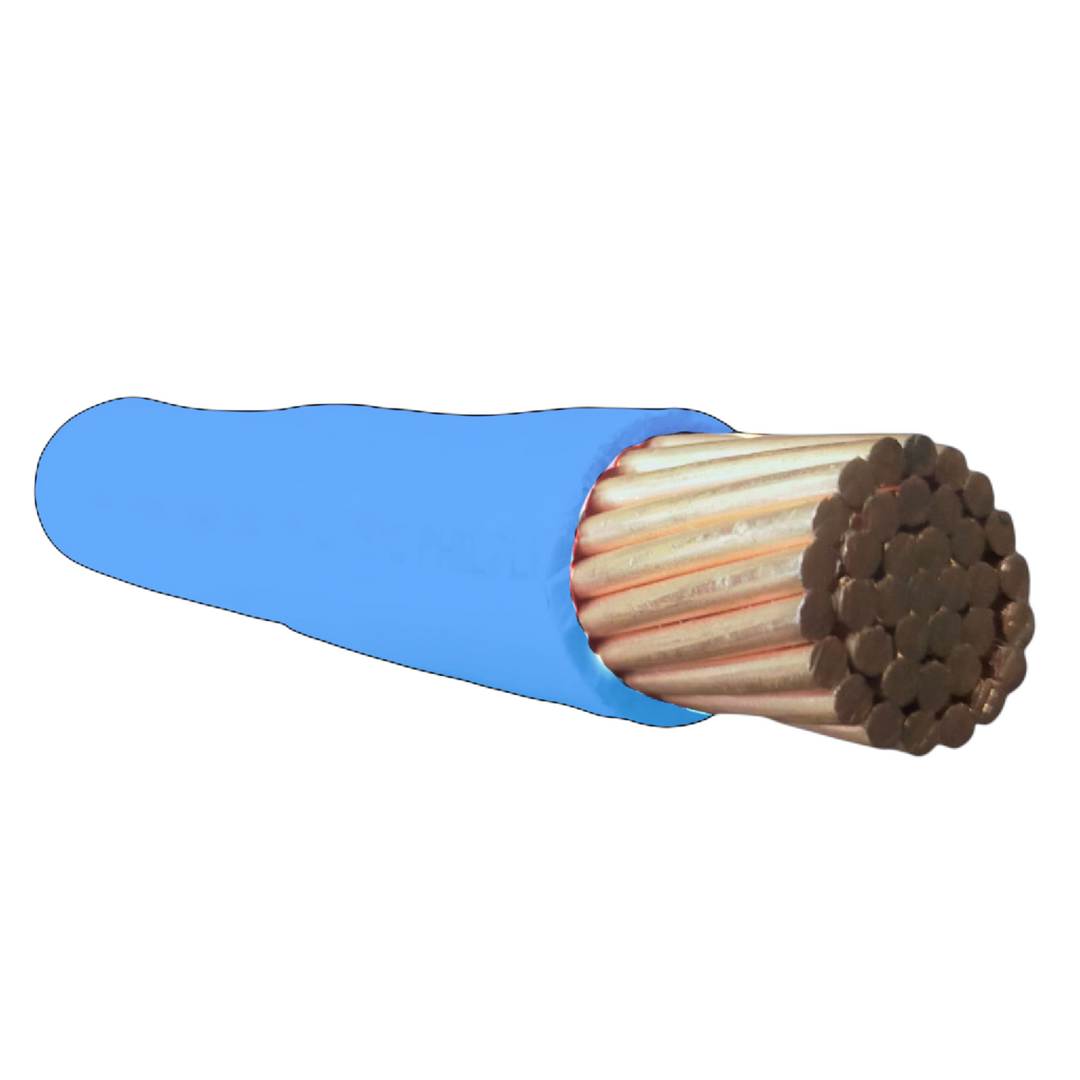 Coil of cable with blue insulation and copper core on a white background