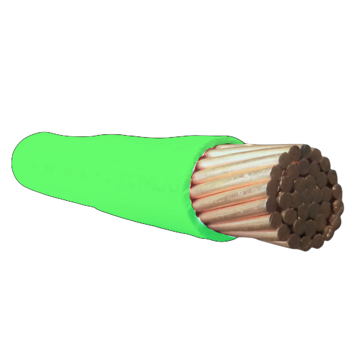 Green insulated cable with copper core on a white background