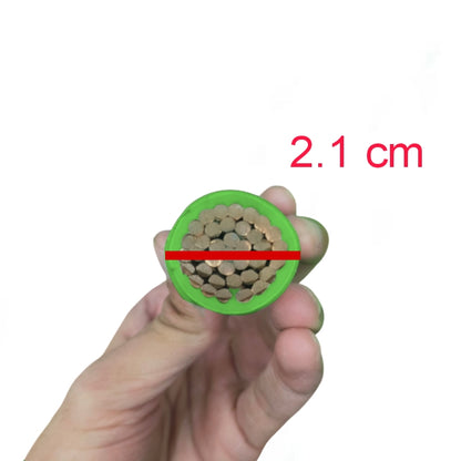 Cross-section of a cylindrical object held by a hand, with a green circle and red line indicating a diameter of 2.1 cm.