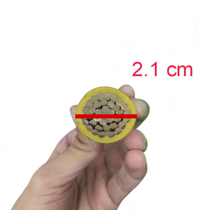 Hand holding a cylindrical object with a cross-section showing a diameter of 2.1 cm.