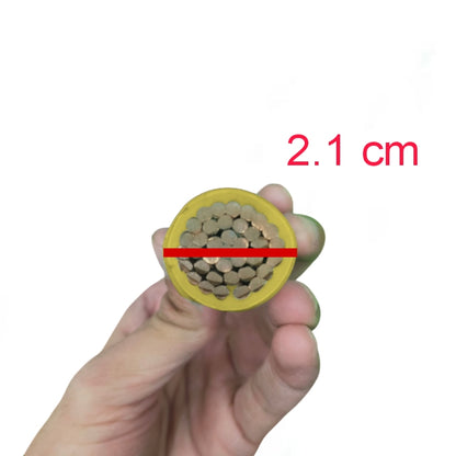 Hand holding a cylindrical object with a cross-section showing a diameter of 2.1 cm.
