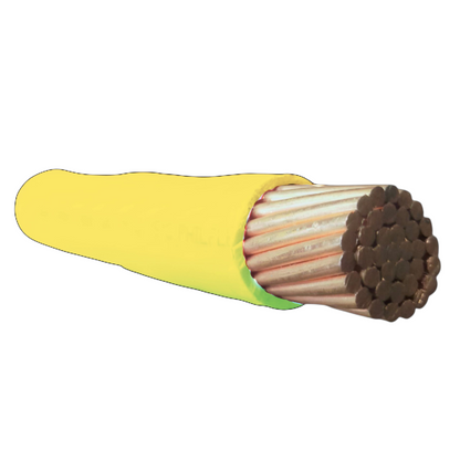 Close-up of a yellow-insulated copper cable on a white background