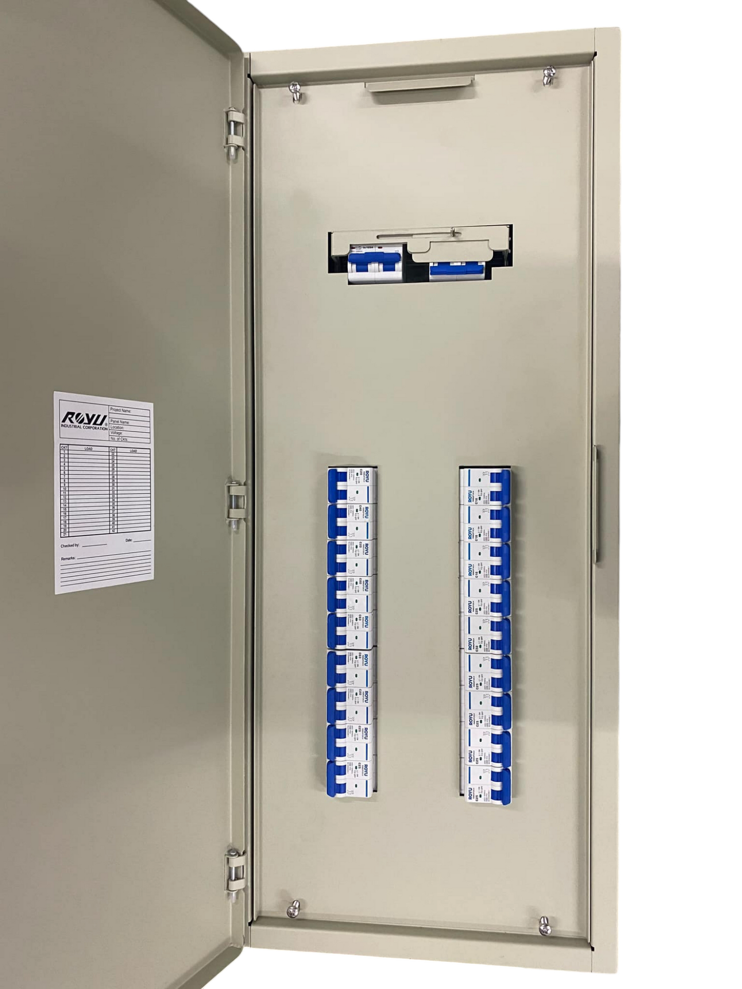 Chint 18 Branches 2 Pole Miniature Circuit Breaker installed inside an open electrical panel cabinet