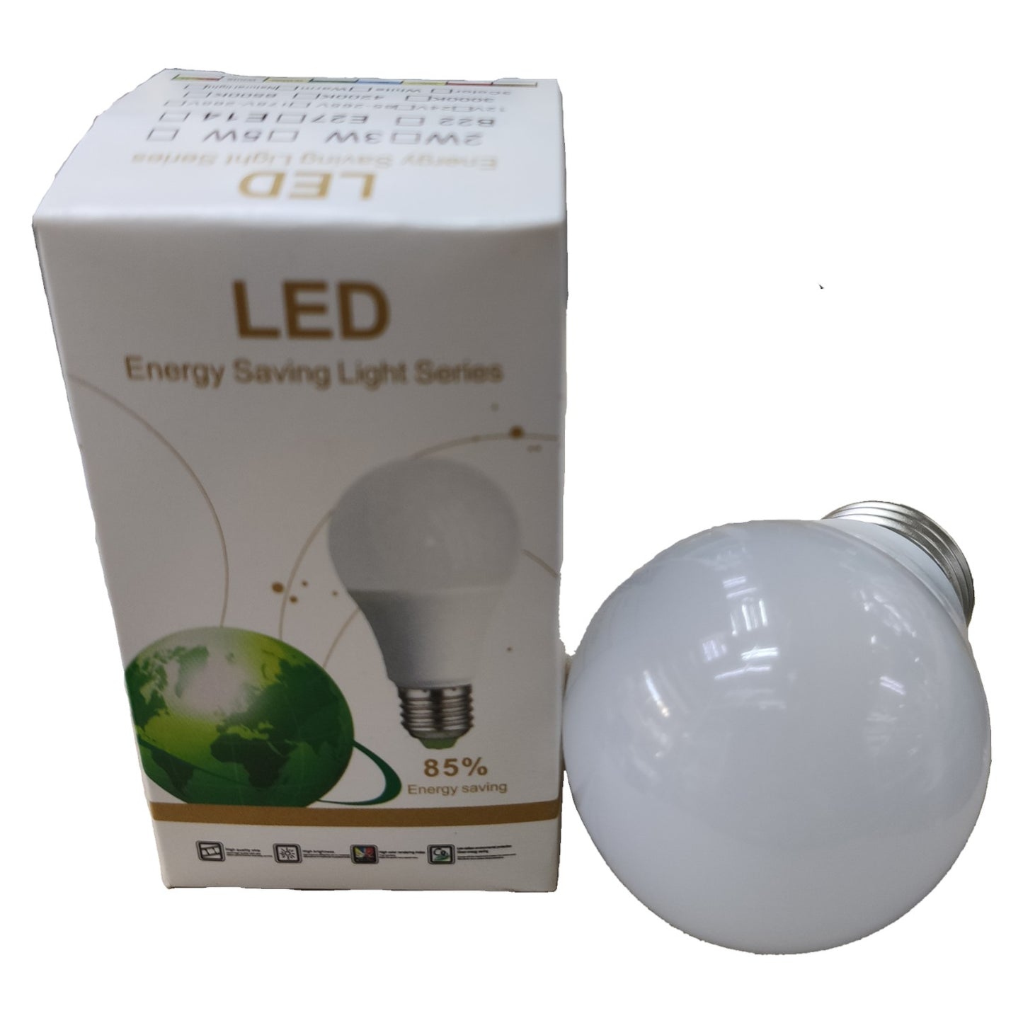 LED energy-saving light bulb with packaging on a white background