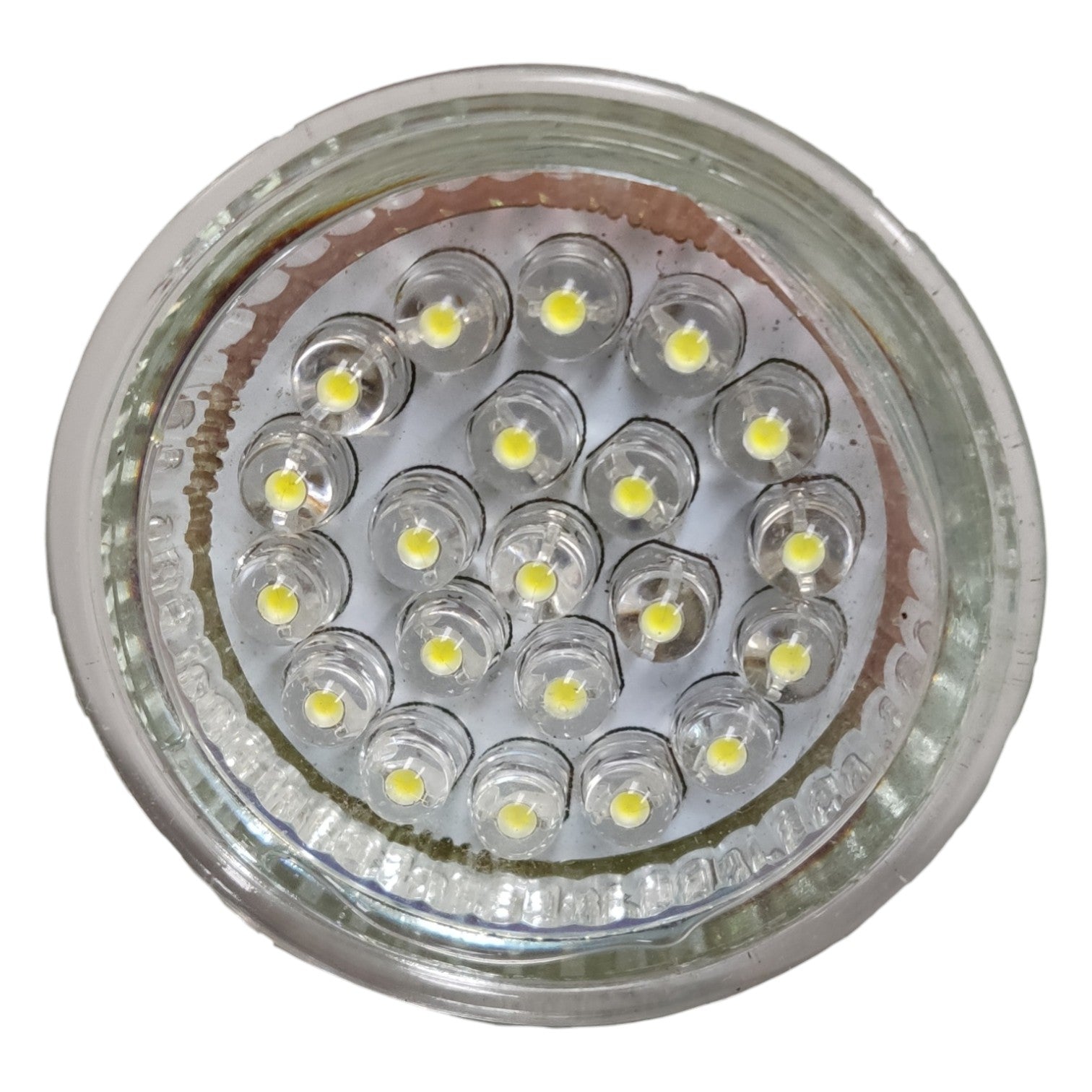 Close-up of a LED light bulb with multiple small LEDs on a white background