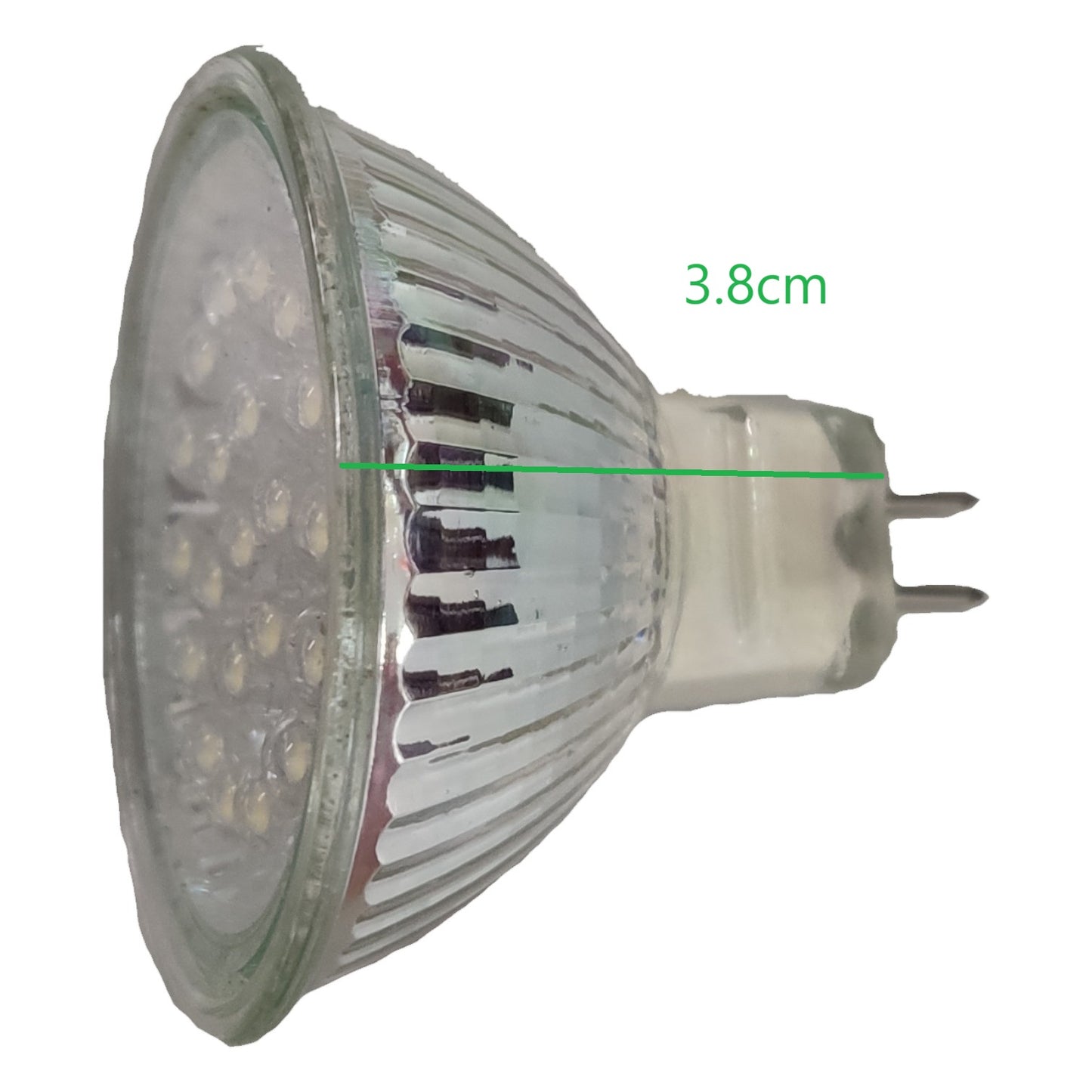 LED light bulb with measurement label on a white background