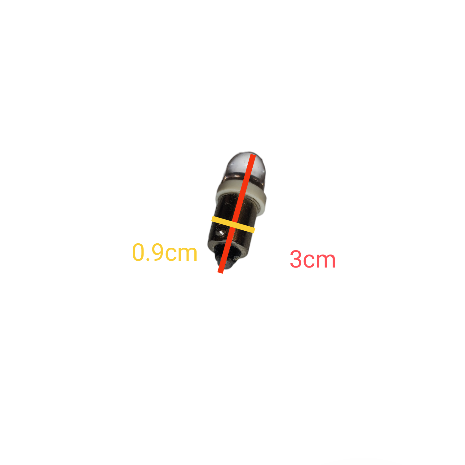 Measurement chart showing dimensions of a cylindrical object with red and yellow lines indicating  1W LED Pilot Lamp B9 440V 6500K Daylight Electx Electrical SUpply 2measurements.