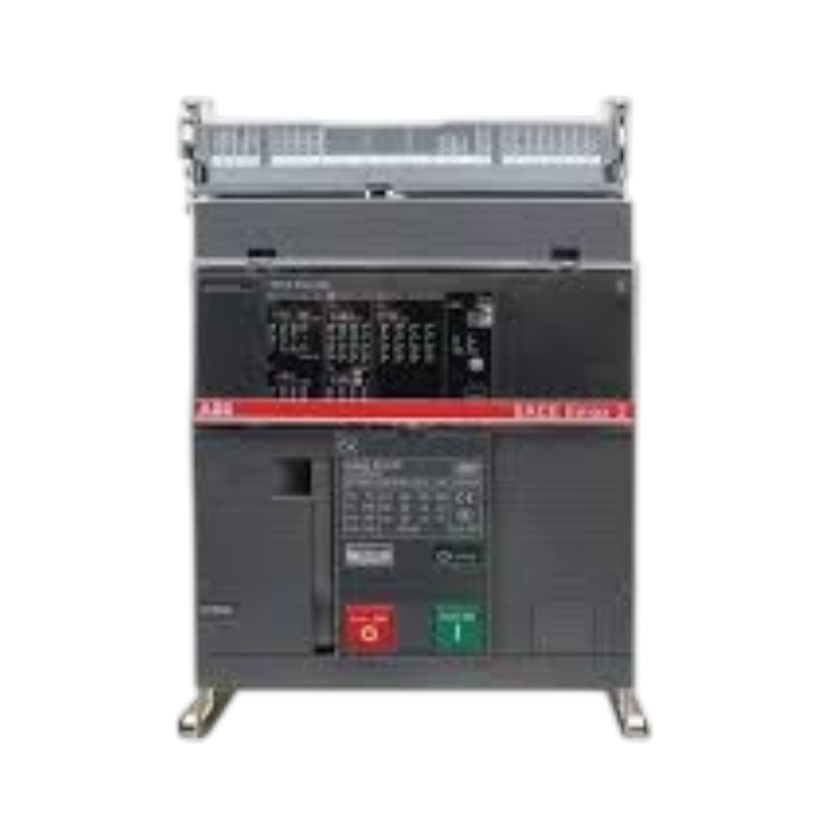 A large industrial electrical switchgear unit, likely a Siemens modular breaker module, featuring a dark gray metal casing with a red accent stripe, a black control panel, and red and green emergency stop buttons.