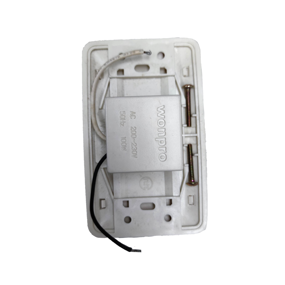 Omni 1 way touch sensor switch rear view showing mounting plate wiring module and mounting screws