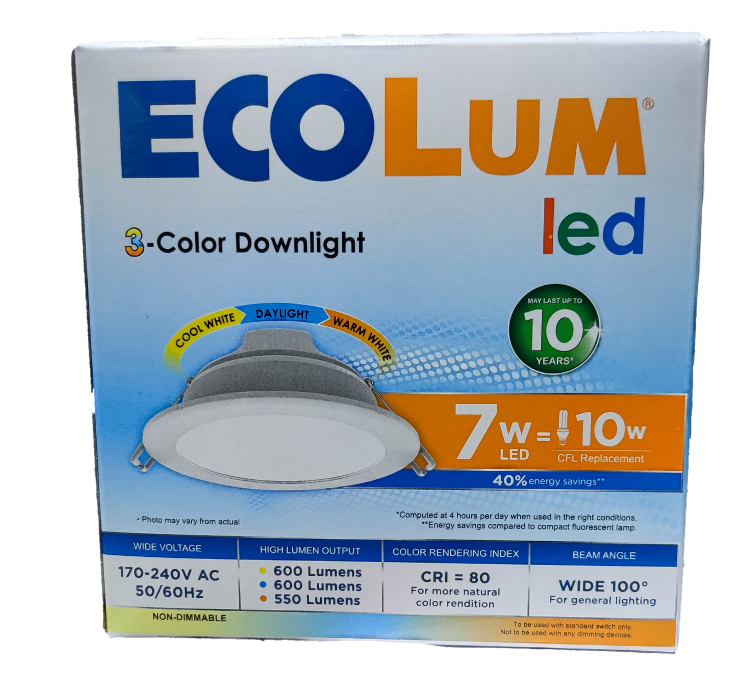 Ecolum Tri Color LED Downlight 7W 220V Warm White Daylight Cool White