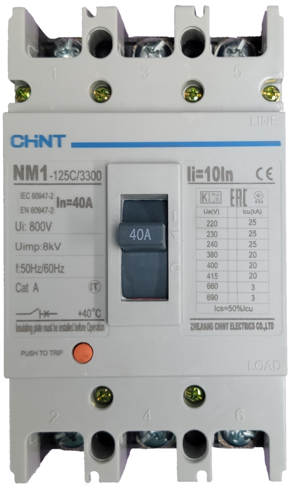 Chint 40A 3 Pole Industrial Circuit Breaker 3 Phase 125AF 20 KAIC 400VAC 1-125C/3300/40A , Circuit Breakers