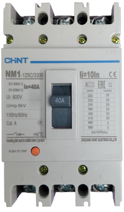 Chint 40A 3 Pole Industrial Circuit Breaker 3 Phase 125AF 20 KAIC 400VAC 1-125C/3300/40A , Circuit Breakers