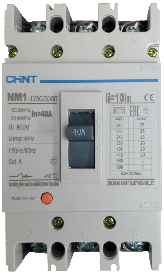 Chint 40A 3 Pole Industrial Circuit Breaker 3 Phase 125AF 20 KAIC 400VAC 1-125C/3300/40A , Circuit Breakers