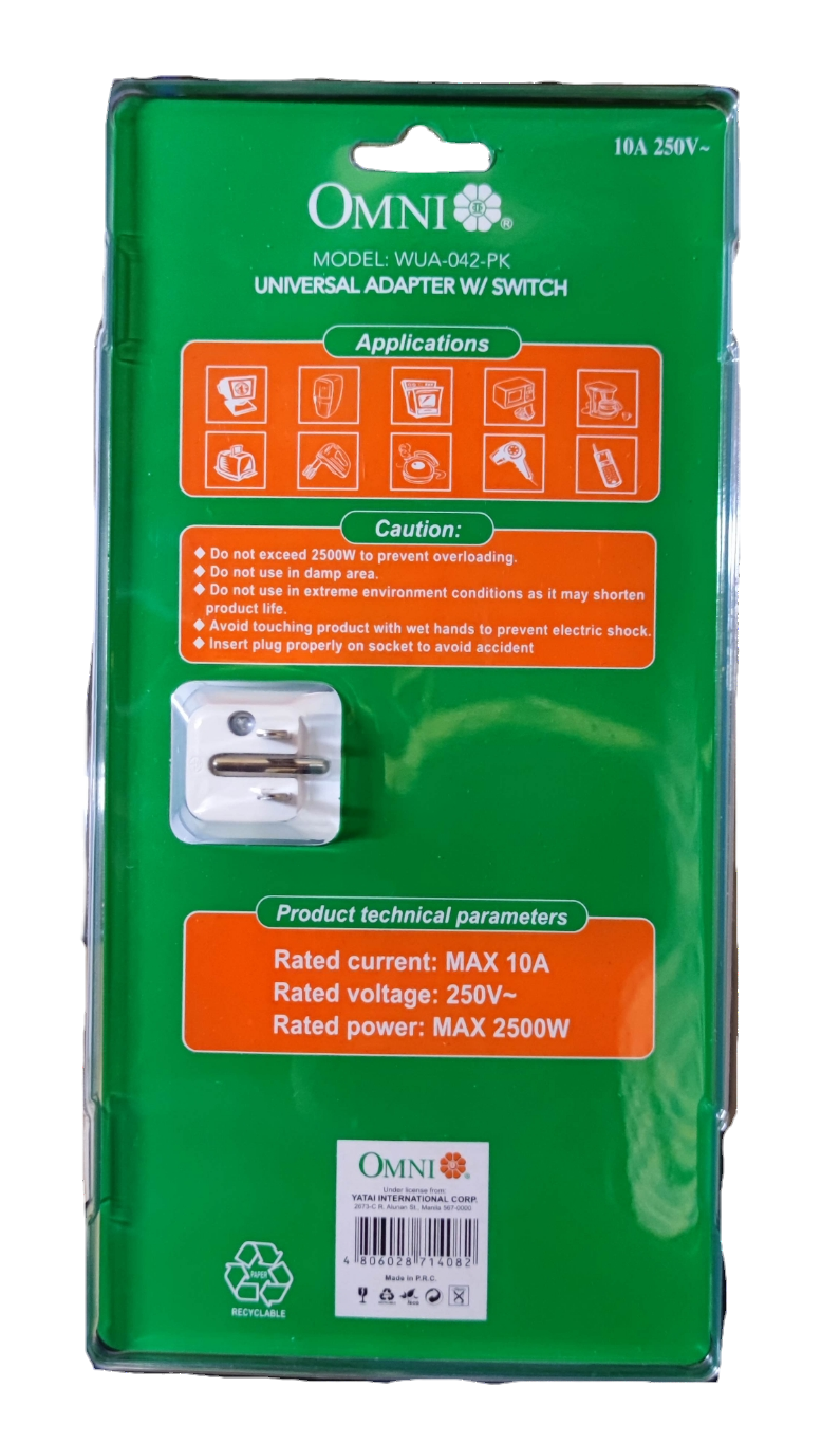 Omni Universal Adapter with Switch WUA-042 Omni 10A 250V 4 Gang Universal Outlet