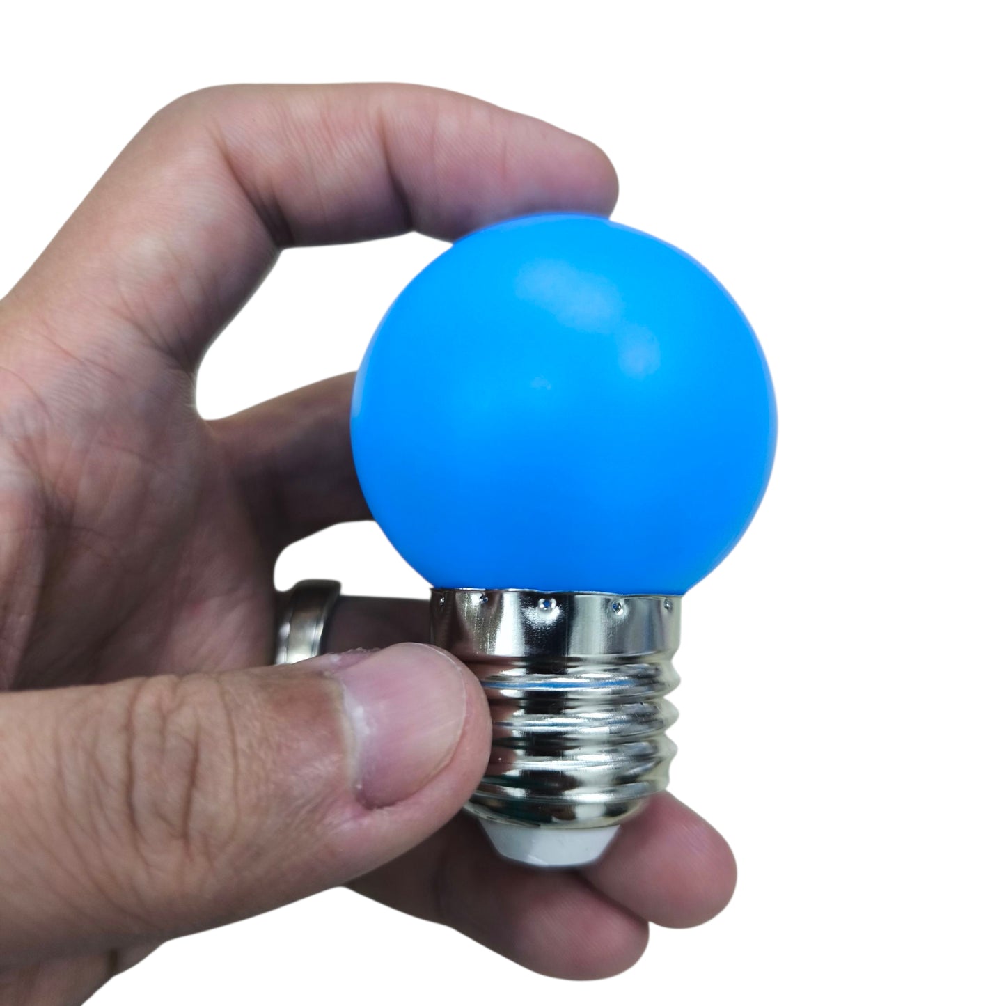 1W Denko LED bulb Blue E27 220V held in a hand, showcasing its vibrant color and design
