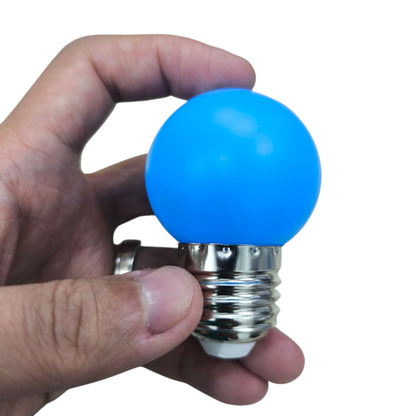 1W Denko LED bulb Blue E27 220V held in a hand, showcasing its vibrant color and design