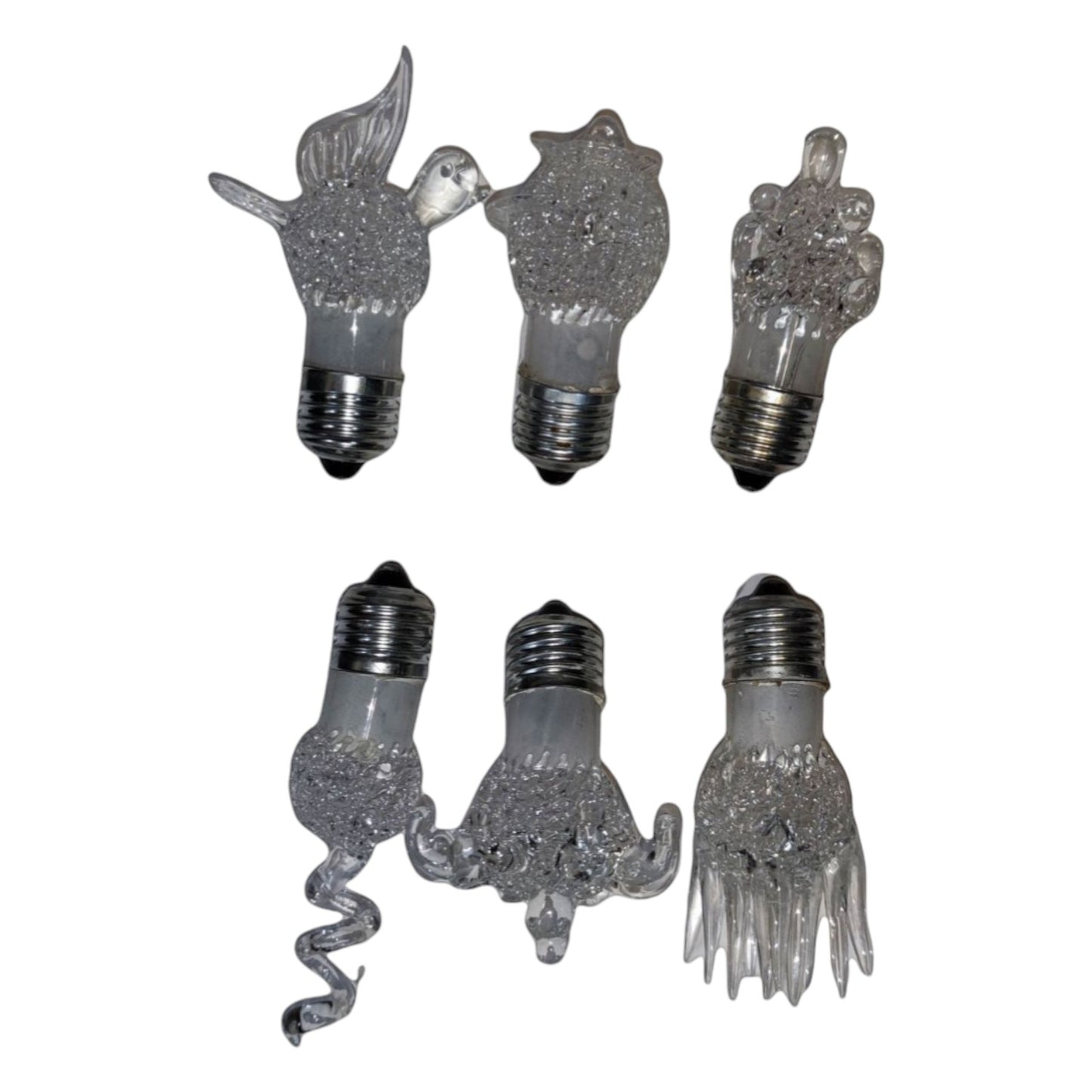 Set of six decorative light bulbs with unique shapes on a white background