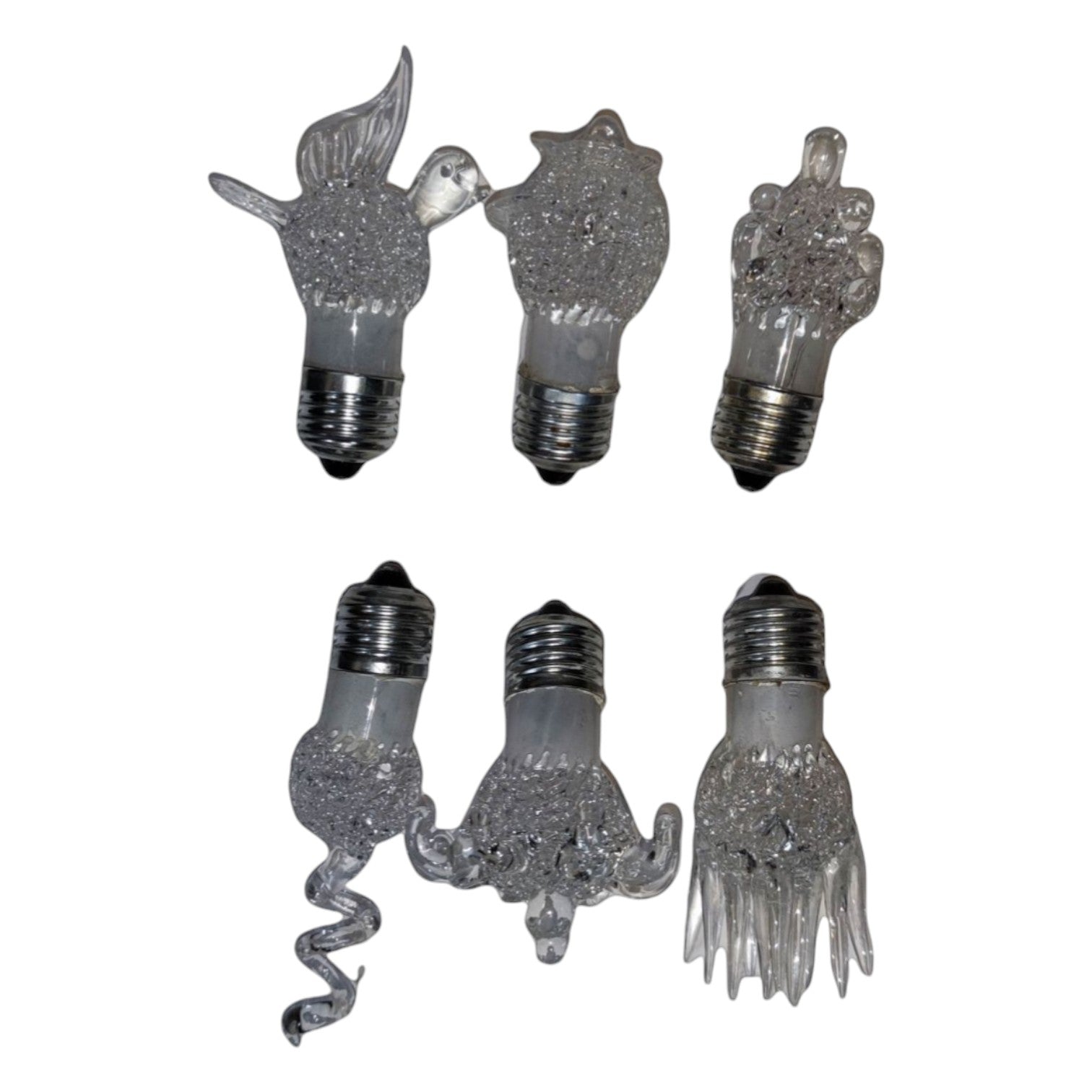 Set of six decorative light bulbs with unique shapes on a white background