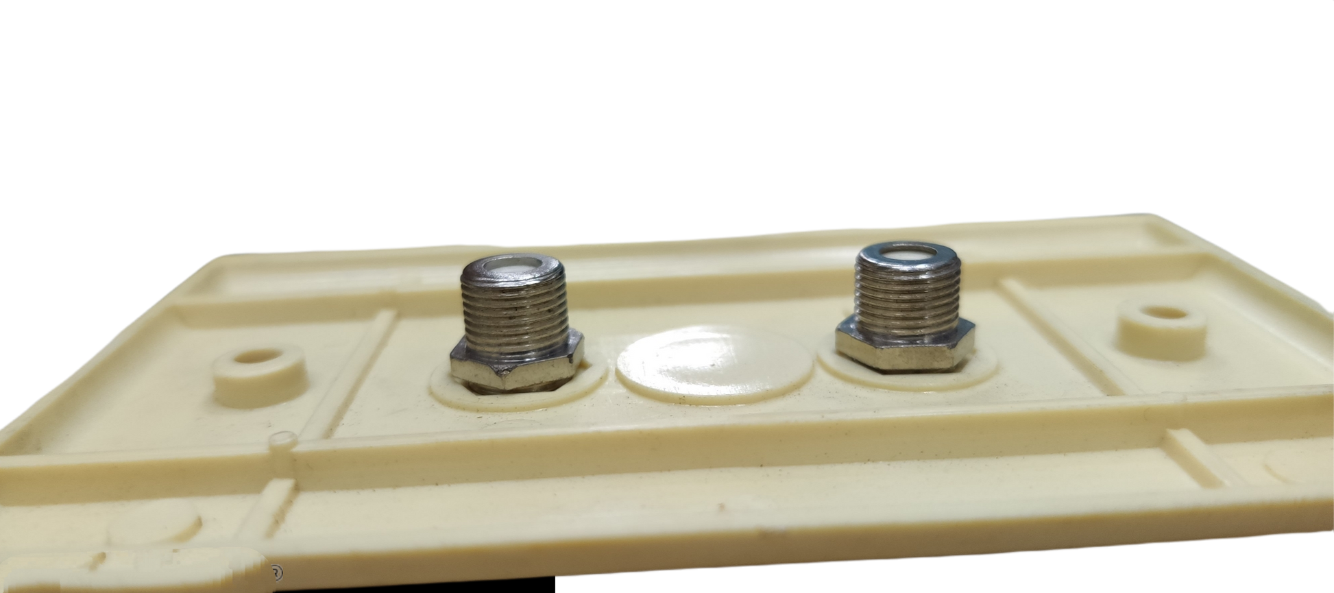 2 gang F jack outlet old design electrical circuitry part from Taiwan on a beige mounting plate