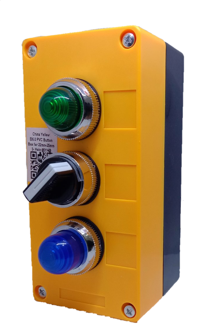 Auspicious 2 position selector switch with pilot lamp in yellow housing with green and blue indicator lights