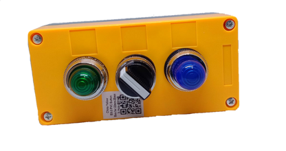 Auspicious 2 position selector switch with pilot lamp mounted on yellow panel with green and blue indicator lights