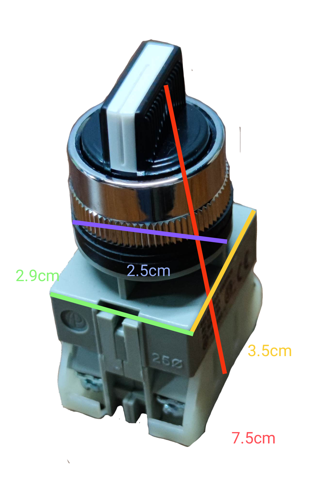 Auspicious 2 position selector switch with spring return showing detailed measurements on a black background