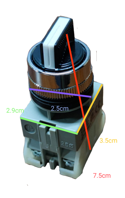 Auspicious 2 position selector switch with spring return showing detailed measurements on a black background